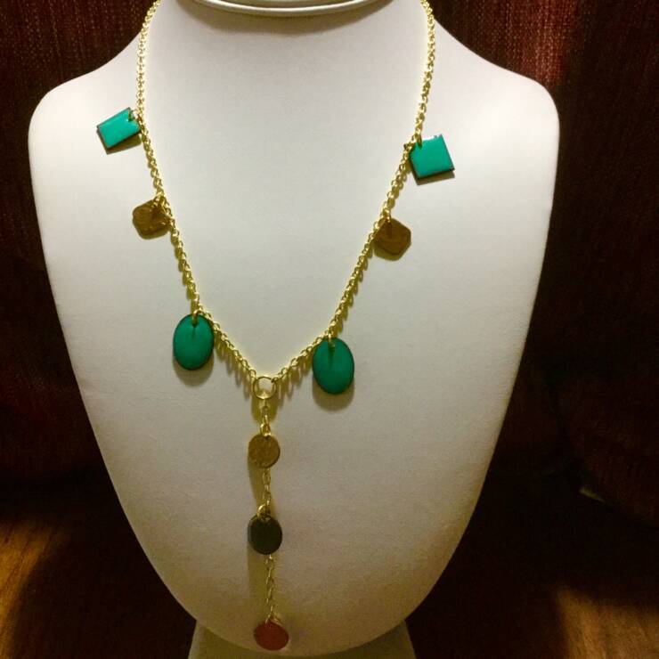 Brass and Seafoam Green Enamel Drop Necklace