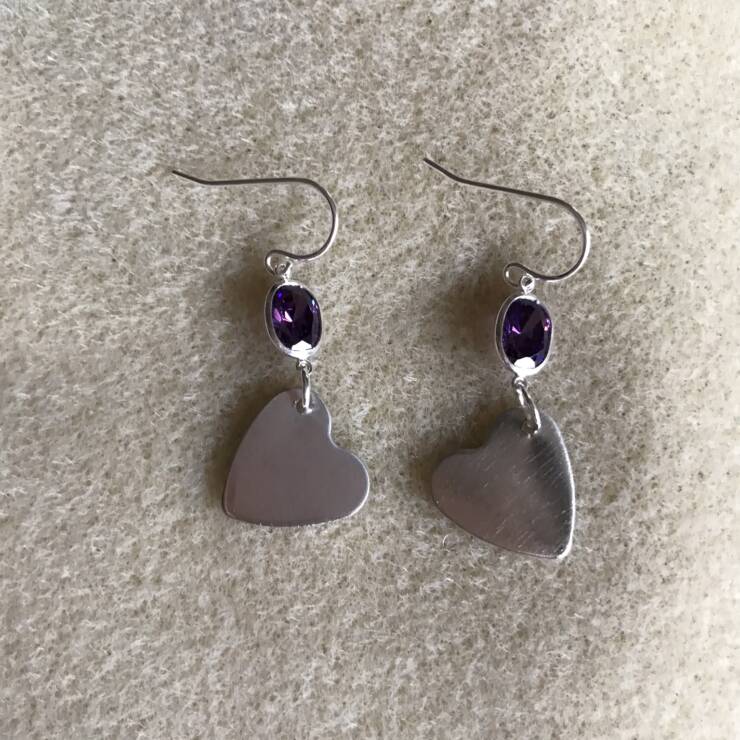 Silver Heart and Purple CZ Earrings