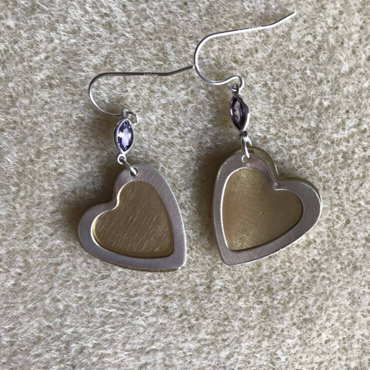 Double Heart and Purple CZ Earrings