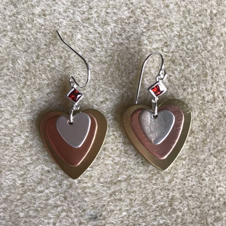 Mixed Metal Heart and Red CZ Earrings